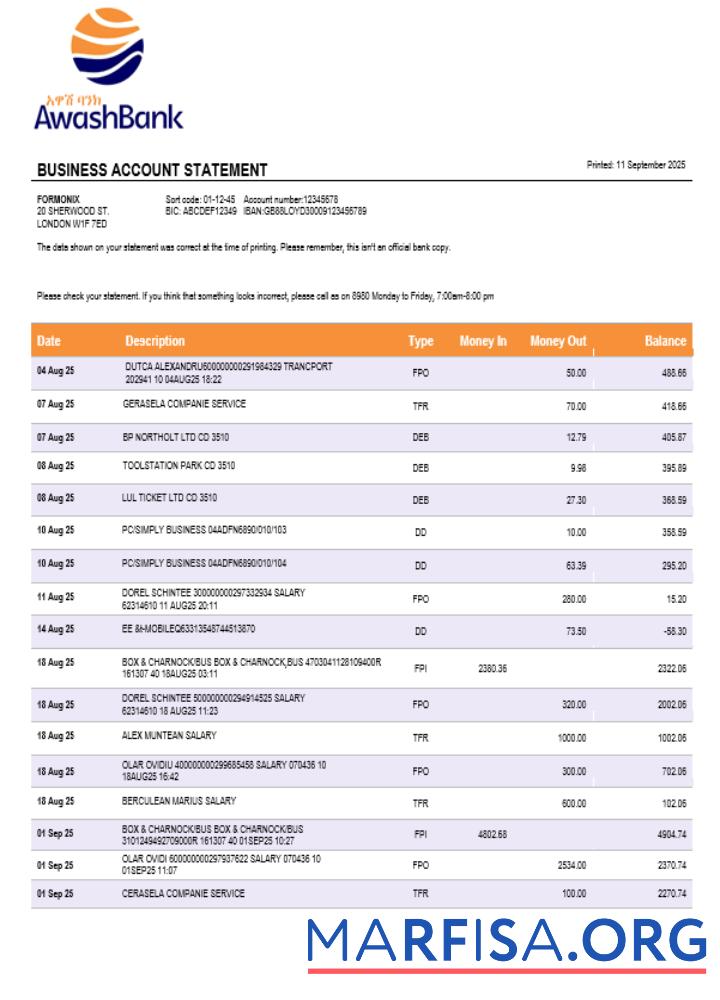 Blank Awash Bank firm account statement Word and PDF template